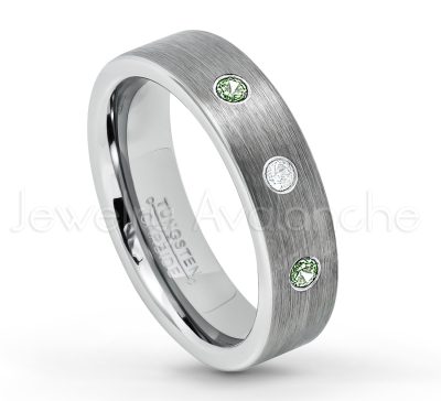 0.21ctw Alexandrite & Diamond 3-Stone Tungsten Ring - June Birthstone Ring - 6mm Tungsten Wedding Band - Brushed Finish Comfort Fit Classic Pipe Cut Tungsten Ring - Tungsten Anniversary Ring TN019-ALX
