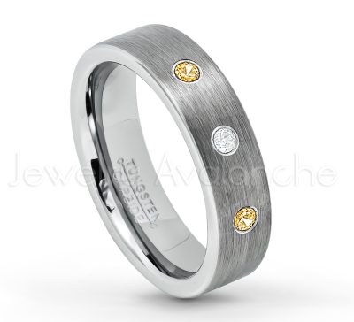 0.21ctw Citrine & Diamond 3-Stone Tungsten Ring - November Birthstone Ring - 6mm Tungsten Wedding Band - Brushed Finish Comfort Fit Classic Pipe Cut Tungsten Ring - Tungsten Anniversary Ring TN019-CN