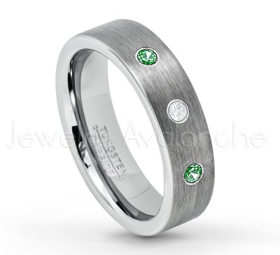 0.21ctw Emerald & Diamond 3-Stone Tungsten Ring - May Birthstone Ring - 6mm Tungsten Wedding Band - Brushed Finish Comfort Fit Classic Pipe Cut Tungsten Ring - Tungsten Anniversary Ring TN019-ED