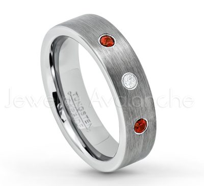 0.21ctw Garnet & Diamond 3-Stone Tungsten Ring - January Birthstone Ring - 6mm Tungsten Wedding Band - Brushed Finish Comfort Fit Classic Pipe Cut Tungsten Ring - Tungsten Anniversary Ring TN019-GR