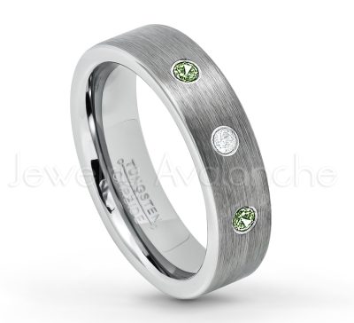 0.21ctw Green Tourmaline & Diamond 3-Stone Tungsten Ring - October Birthstone Ring - 6mm Tungsten Wedding Band - Brushed Finish Comfort Fit Classic Pipe Cut Tungsten Ring - Tungsten Anniversary Ring TN019-GTM