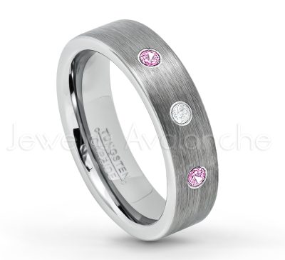 0.21ctw Pink Tourmaline & Diamond 3-Stone Tungsten Ring - October Birthstone Ring - 6mm Tungsten Wedding Band - Brushed Finish Comfort Fit Classic Pipe Cut Tungsten Ring - Tungsten Anniversary Ring TN019-PTM