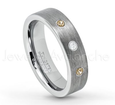 0.21ctw Smokey Quartz & Diamond 3-Stone Tungsten Ring - November Birthstone Ring - 6mm Tungsten Wedding Band - Brushed Finish Comfort Fit Classic Pipe Cut Tungsten Ring - Tungsten Anniversary Ring TN019-SMQ