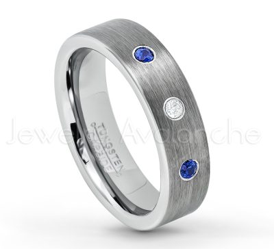 0.21ctw Blue Sapphire 3-Stone Tungsten Ring - September Birthstone Ring - 6mm Tungsten Wedding Band - Brushed Finish Comfort Fit Classic Pipe Cut Tungsten Ring - Tungsten Anniversary Ring TN019-SP