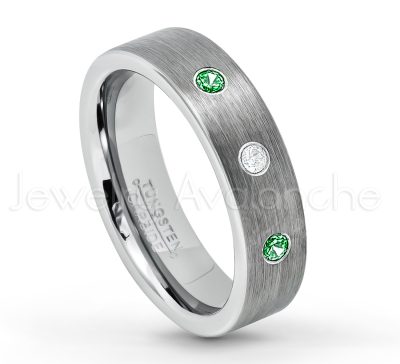0.07ctw Tsavorite Tungsten Ring - January Birthstone Ring - 6mm Tungsten Wedding Band - Brushed Finish Comfort Fit Classic Pipe Cut Tungsten Ring - Tungsten Anniversary Ring TN019-TVR
