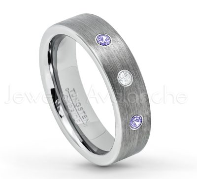 0.21ctw Tanzanite & Diamond 3-Stone Tungsten Ring - December Birthstone Ring - 6mm Tungsten Wedding Band - Brushed Finish Comfort Fit Classic Pipe Cut Tungsten Ring - Tungsten Anniversary Ring TN019-TZN