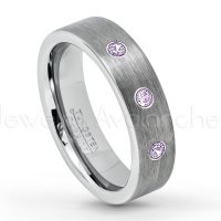 0.21ctw Amethyst 3-Stone Tungsten Ring - February Birthstone Ring - 6mm Tungsten Wedding Band - Brushed Finish Comfort Fit Classic Pipe Cut Tungsten Ring - Tungsten Anniversary Ring TN019-AMT