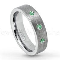 0.21ctw Emerald 3-Stone Tungsten Ring - May Birthstone Ring - 6mm Tungsten Wedding Band - Brushed Finish Comfort Fit Classic Pipe Cut Tungsten Ring - Tungsten Anniversary Ring TN019-ED