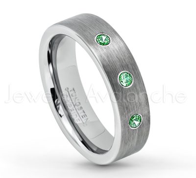 0.21ctw Emerald & Diamond 3-Stone Tungsten Ring - May Birthstone Ring - 6mm Tungsten Wedding Band - Brushed Finish Comfort Fit Classic Pipe Cut Tungsten Ring - Tungsten Anniversary Ring TN019-ED