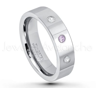 0.21ctw Amethyst & Diamond 3-Stone Tungsten Ring - February Birthstone Ring - 6mm Pipe Cut Tungsten Ring - Comfort Fit Tungsten Carbide Wedding Ring - Polished Finish Tungsten Ring TN020-AMT