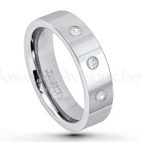0.21ctw Aquamarine & Diamond 3-Stone Tungsten Ring - March Birthstone Ring - 6mm Pipe Cut Tungsten Ring - Comfort Fit Tungsten Carbide Wedding Ring - Polished Finish Tungsten Ring TN020-AQM