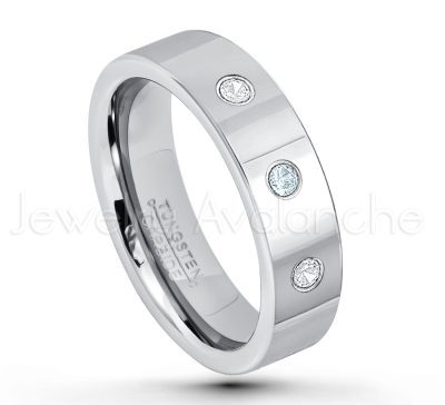 0.21ctw Aquamarine & Diamond 3-Stone Tungsten Ring - March Birthstone Ring - 6mm Pipe Cut Tungsten Ring - Comfort Fit Tungsten Carbide Wedding Ring - Polished Finish Tungsten Ring TN020-AQM