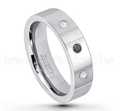 0.21ctw Diamond 3-Stone Tungsten Ring - April Birthstone Ring - 6mm Pipe Cut Tungsten Ring - Comfort Fit Tungsten Carbide Wedding Ring - Polished Finish Tungsten Ring TN020-WD