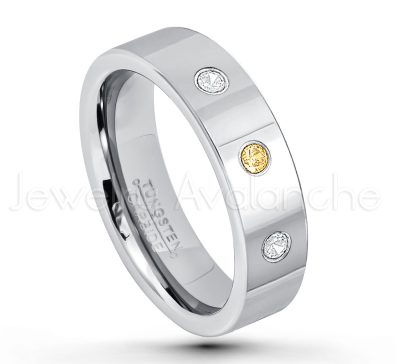 0.21ctw Citrine 3-Stone Tungsten Ring - November Birthstone Ring - 6mm Pipe Cut Tungsten Ring - Comfort Fit Tungsten Carbide Wedding Ring - Polished Finish Tungsten Ring TN020-CN