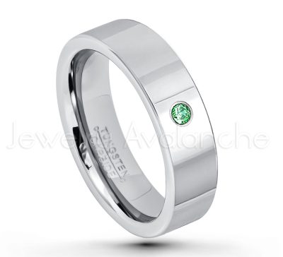 0.21ctw Emerald & Diamond 3-Stone Tungsten Ring - May Birthstone Ring - 6mm Pipe Cut Tungsten Ring - Comfort Fit Tungsten Carbide Wedding Ring - Polished Finish Tungsten Ring TN020-ED