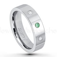 0.21ctw Emerald & Diamond 3-Stone Tungsten Ring - May Birthstone Ring - 6mm Pipe Cut Tungsten Ring - Comfort Fit Tungsten Carbide Wedding Ring - Polished Finish Tungsten Ring TN020-ED