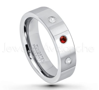 0.21ctw Garnet 3-Stone Tungsten Ring - January Birthstone Ring - 6mm Pipe Cut Tungsten Ring - Comfort Fit Tungsten Carbide Wedding Ring - Polished Finish Tungsten Ring TN020-GR