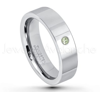 0.21ctw Peridot & Diamond 3-Stone Tungsten Ring - August Birthstone Ring - 6mm Pipe Cut Tungsten Ring - Comfort Fit Tungsten Carbide Wedding Ring - Polished Finish Tungsten Ring TN020-PD