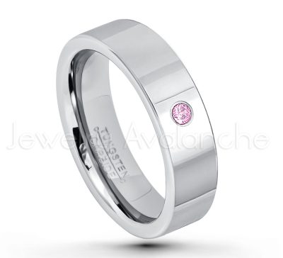 0.21ctw Pink Tourmaline 3-Stone Tungsten Ring - October Birthstone Ring - 6mm Pipe Cut Tungsten Ring - Comfort Fit Tungsten Carbide Wedding Ring - Polished Finish Tungsten Ring TN020-PTM