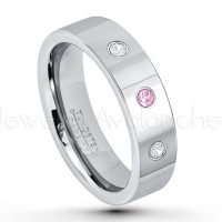 0.21ctw Pink Tourmaline & Diamond 3-Stone Tungsten Ring - October Birthstone Ring - 6mm Pipe Cut Tungsten Ring - Comfort Fit Tungsten Carbide Wedding Ring - Polished Finish Tungsten Ring TN020-PTM