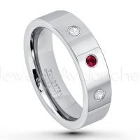 0.21ctw Ruby & Diamond 3-Stone Tungsten Ring - July Birthstone Ring - 6mm Pipe Cut Tungsten Ring - Comfort Fit Tungsten Carbide Wedding Ring - Polished Finish Tungsten Ring TN020-RB