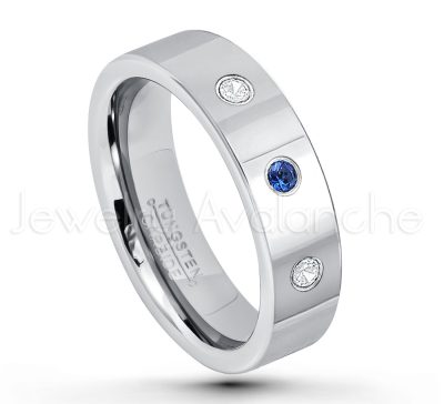 0.21ctw Blue Sapphire & Diamond 3-Stone Tungsten Ring - September Birthstone Ring - 6mm Pipe Cut Tungsten Ring - Comfort Fit Tungsten Carbide Wedding Ring - Polished Finish Tungsten Ring TN020-SP