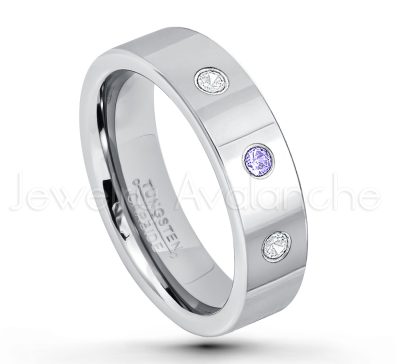 0.07ctw Tanzanite Tungsten Ring - December Birthstone Ring - 6mm Pipe Cut Tungsten Ring - Comfort Fit Tungsten Carbide Wedding Ring - Polished Finish Tungsten Ring TN020-TZN