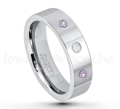 0.21ctw Amethyst & Diamond 3-Stone Tungsten Ring - February Birthstone Ring - 6mm Pipe Cut Tungsten Ring - Comfort Fit Tungsten Carbide Wedding Ring - Polished Finish Tungsten Ring TN020-AMT