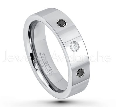 0.21ctw Black Diamond 3-Stone Tungsten Ring - April Birthstone Ring - 6mm Pipe Cut Tungsten Ring - Comfort Fit Tungsten Carbide Wedding Ring - Polished Finish Tungsten Ring TN020-BD