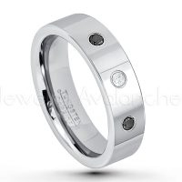 0.21ctw White & Black Diamond 3-Stone Tungsten Ring - April Birthstone Ring - 6mm Pipe Cut Tungsten Ring - Comfort Fit Tungsten Carbide Wedding Ring - Polished Finish Tungsten Ring TN020-WD