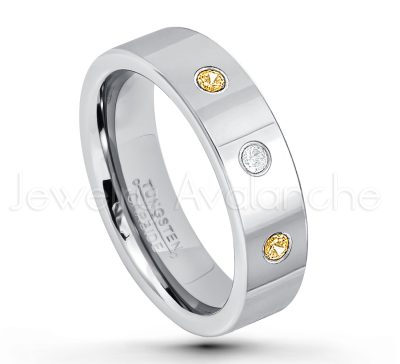 0.21ctw Citrine & Diamond 3-Stone Tungsten Ring - November Birthstone Ring - 6mm Pipe Cut Tungsten Ring - Comfort Fit Tungsten Carbide Wedding Ring - Polished Finish Tungsten Ring TN020-CN
