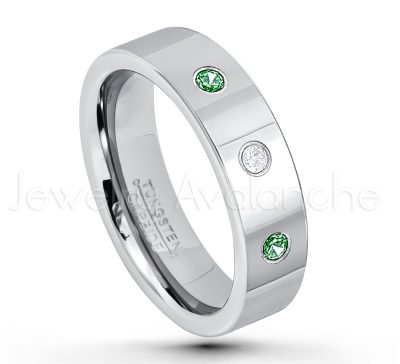 0.07ctw Emerald Tungsten Ring - May Birthstone Ring - 6mm Pipe Cut Tungsten Ring - Comfort Fit Tungsten Carbide Wedding Ring - Polished Finish Tungsten Ring TN020-ED
