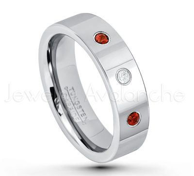 0.21ctw Garnet 3-Stone Tungsten Ring - January Birthstone Ring - 6mm Pipe Cut Tungsten Ring - Comfort Fit Tungsten Carbide Wedding Ring - Polished Finish Tungsten Ring TN020-GR
