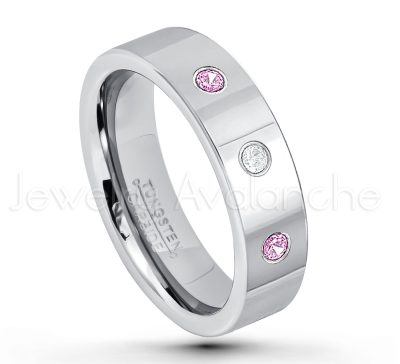 0.21ctw Pink Tourmaline & Diamond 3-Stone Tungsten Ring - October Birthstone Ring - 6mm Pipe Cut Tungsten Ring - Comfort Fit Tungsten Carbide Wedding Ring - Polished Finish Tungsten Ring TN020-PTM