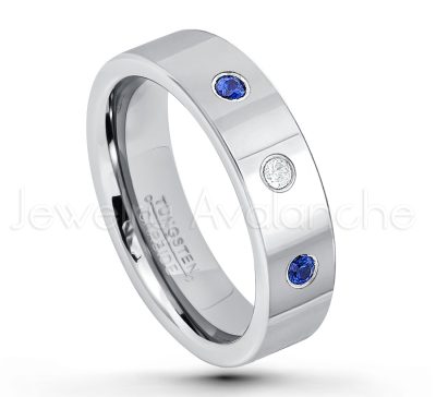 0.07ctw Blue Sapphire Tungsten Ring - September Birthstone Ring - 6mm Pipe Cut Tungsten Ring - Comfort Fit Tungsten Carbide Wedding Ring - Polished Finish Tungsten Ring TN020-SP