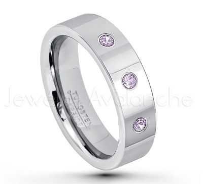 0.07ctw Amethyst Tungsten Ring - February Birthstone Ring - 6mm Pipe Cut Tungsten Ring - Comfort Fit Tungsten Carbide Wedding Ring - Polished Finish Tungsten Ring TN020-AMT