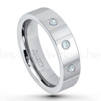 0.21ctw Aquamarine 3-Stone Tungsten Ring - March Birthstone Ring - 6mm Pipe Cut Tungsten Ring - Comfort Fit Tungsten Carbide Wedding Ring - Polished Finish Tungsten Ring TN020-AQM
