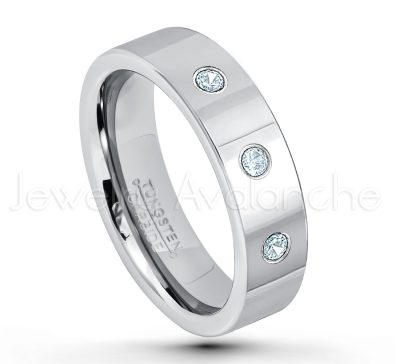 0.07ctw Aquamarine Tungsten Ring - March Birthstone Ring - 6mm Pipe Cut Tungsten Ring - Comfort Fit Tungsten Carbide Wedding Ring - Polished Finish Tungsten Ring TN020-AQM