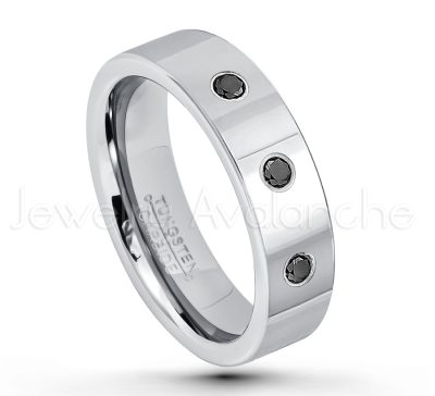 0.21ctw Black Diamond 3-Stone Tungsten Ring - April Birthstone Ring - 6mm Pipe Cut Tungsten Ring - Comfort Fit Tungsten Carbide Wedding Ring - Polished Finish Tungsten Ring TN020-BD