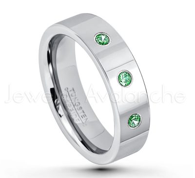 0.21ctw Emerald 3-Stone Tungsten Ring - May Birthstone Ring - 6mm Pipe Cut Tungsten Ring - Comfort Fit Tungsten Carbide Wedding Ring - Polished Finish Tungsten Ring TN020-ED
