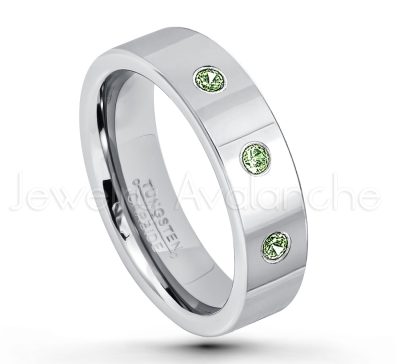 0.21ctw Green Tourmaline & Diamond 3-Stone Tungsten Ring - October Birthstone Ring - 6mm Pipe Cut Tungsten Ring - Comfort Fit Tungsten Carbide Wedding Ring - Polished Finish Tungsten Ring TN020-GTM