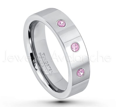 0.07ctw Pink Tourmaline Tungsten Ring - October Birthstone Ring - 6mm Pipe Cut Tungsten Ring - Comfort Fit Tungsten Carbide Wedding Ring - Polished Finish Tungsten Ring TN020-PTM
