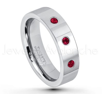 0.21ctw Ruby & Diamond 3-Stone Tungsten Ring - July Birthstone Ring - 6mm Pipe Cut Tungsten Ring - Comfort Fit Tungsten Carbide Wedding Ring - Polished Finish Tungsten Ring TN020-RB