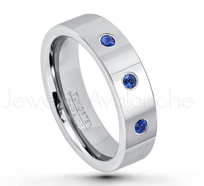 0.21ctw Blue Sapphire 3-Stone Tungsten Ring - September Birthstone Ring - 6mm Pipe Cut Tungsten Ring - Comfort Fit Tungsten Carbide Wedding Ring - Polished Finish Tungsten Ring TN020-SP