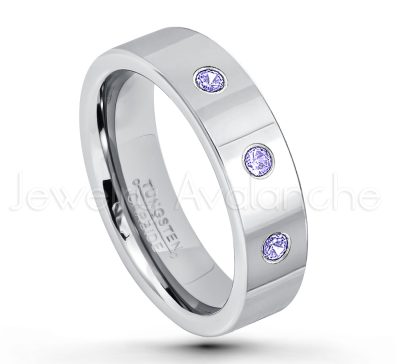 0.07ctw Tanzanite Tungsten Ring - December Birthstone Ring - 6mm Pipe Cut Tungsten Ring - Comfort Fit Tungsten Carbide Wedding Ring - Polished Finish Tungsten Ring TN020-TZN