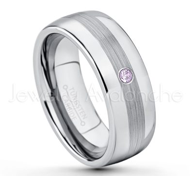 0.21ctw Amethyst & Diamond 3-Stone Tungsten Ring - February Birthstone Ring - Tungsten Wedding Band - 8mm Polished and Brushed Center Comfort Fit Dome Tungsten Carbide Ring - Men's Anniversary Ring TN022-AMT