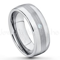 0.07ctw Aquamarine Tungsten Ring - March Birthstone Ring - Tungsten Wedding Band - 8mm Polished and Brushed Center Comfort Fit Dome Tungsten Carbide Ring - Men's Anniversary Ring TN022-AQM