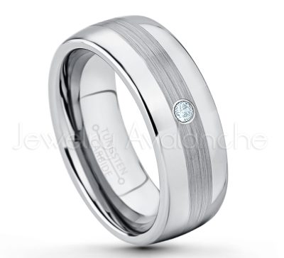 0.21ctw Aquamarine & Diamond 3-Stone Tungsten Ring - March Birthstone Ring - Tungsten Wedding Band - 8mm Polished and Brushed Center Comfort Fit Dome Tungsten Carbide Ring - Men's Anniversary Ring TN022-AQM