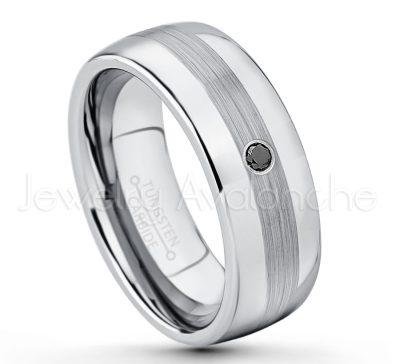 0.21ctw Black & White Diamond 3-Stone Tungsten Ring - April Birthstone Ring - Tungsten Wedding Band - 8mm Polished and Brushed Center Comfort Fit Dome Tungsten Carbide Ring - Men's Anniversary Ring TN022-BD