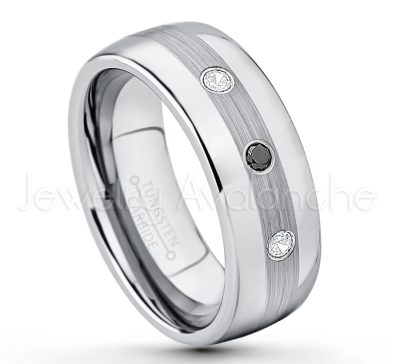 0.21ctw White & Black Diamond 3-Stone Tungsten Ring - April Birthstone Ring - Tungsten Wedding Band - 8mm Polished and Brushed Center Comfort Fit Dome Tungsten Carbide Ring - Men's Anniversary Ring TN022-WD